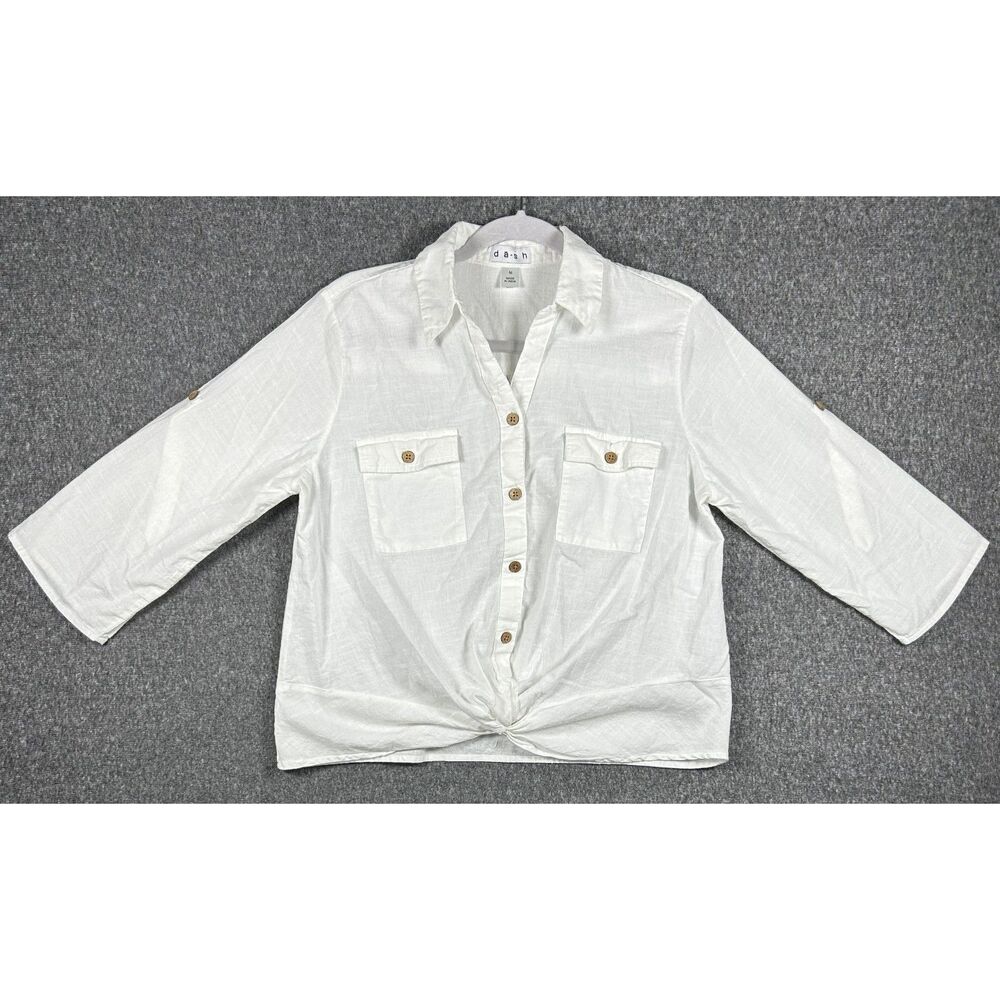dā-sh White Cotton Roll-Tab Sleeve Front-Knot Button-Down Blouse, Size M - Picture 2 of 9